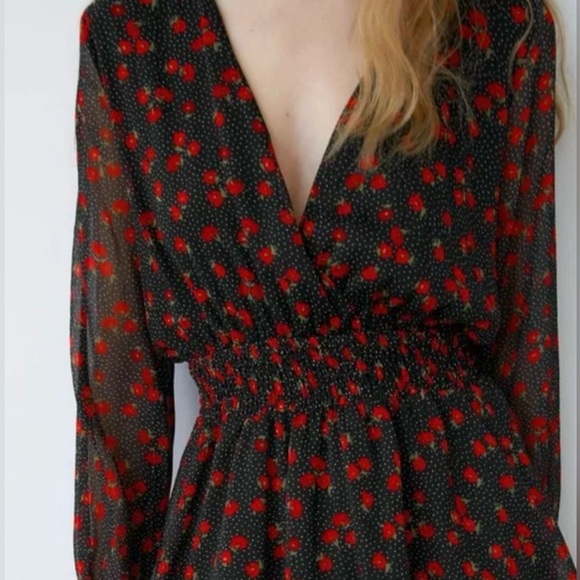 ZARA Floral Chiffon Long Sleeve V-Neck Flounced‎ Mini Dress Black Red Size Small - Picture 4 of 16